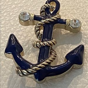 Napier Brooch BOAT ANCHOR Gold Tone Setting Navy Enamel Rhinestones PIN 1.5” H